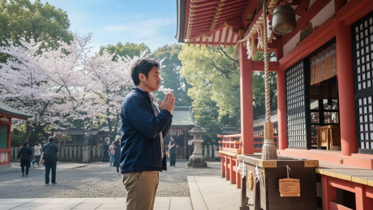 日本株投資の成功を神社で祈願する男性