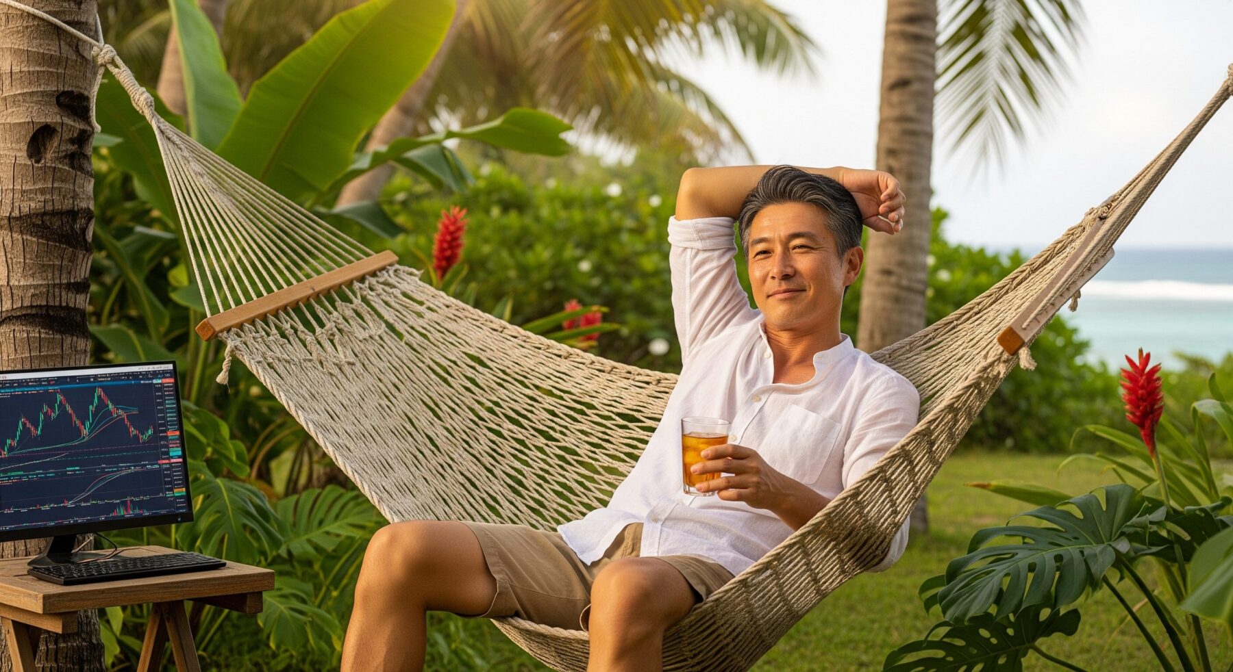 南国で休暇を取りながらFXを取引する男性