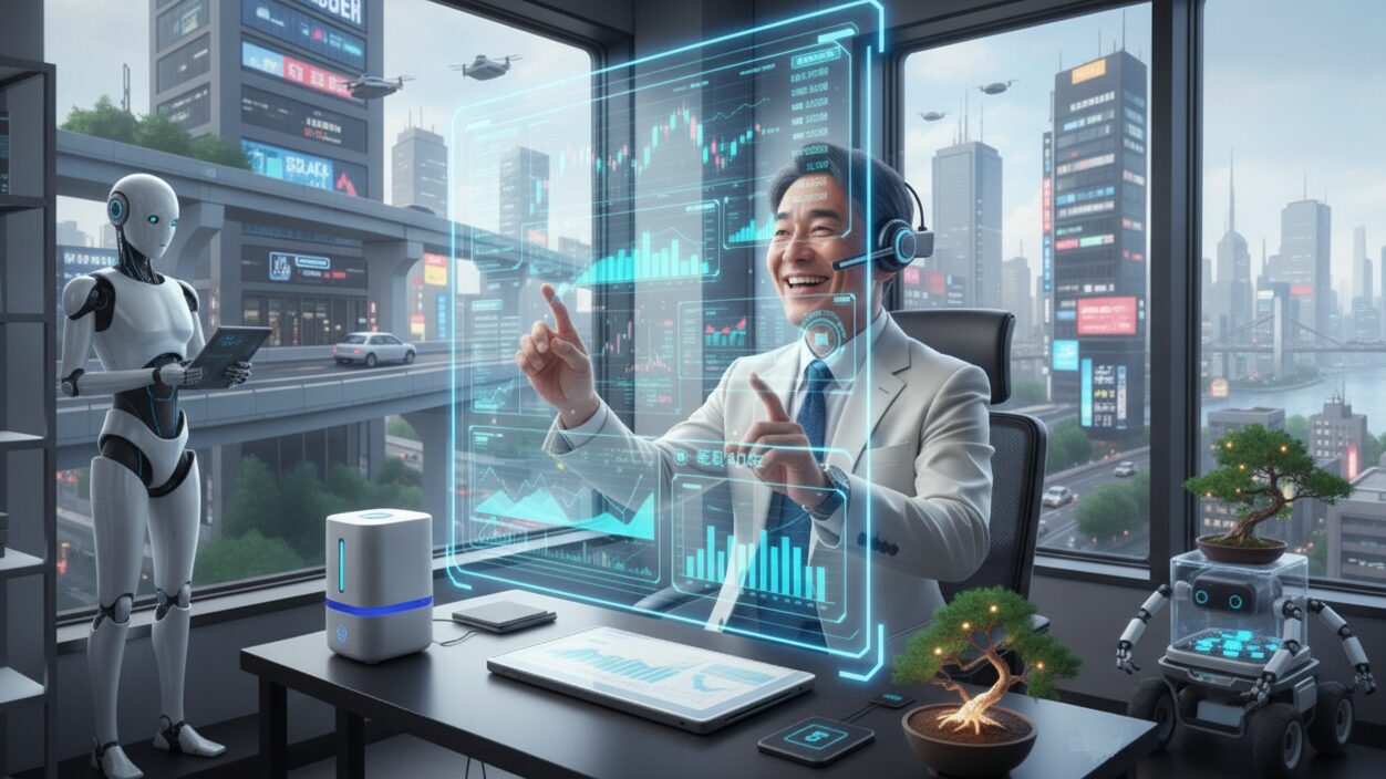 近未来のオフィスでバーチャル画像に向かって投資をする男性