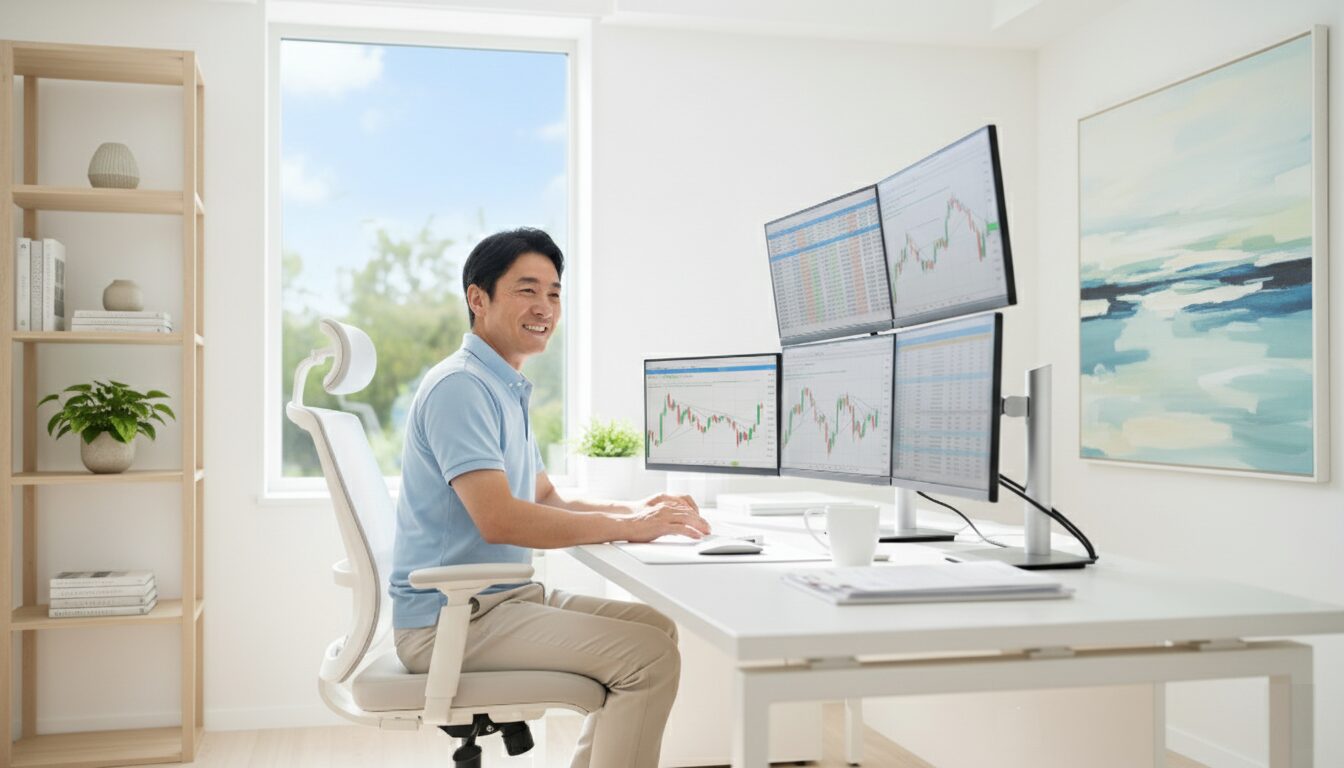 白が基調の明るい部屋で投資をする男性