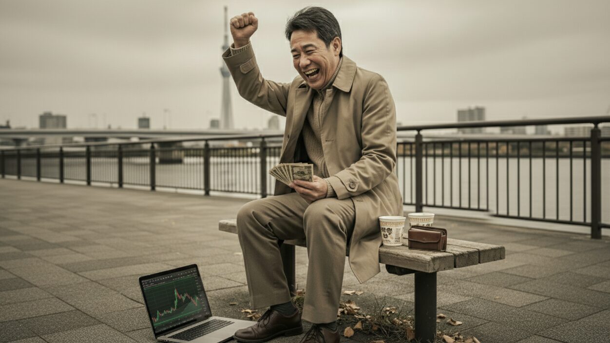 東京のスカイツリーをバックにした隅田川沿いで投資の成功を喜ぶ男性