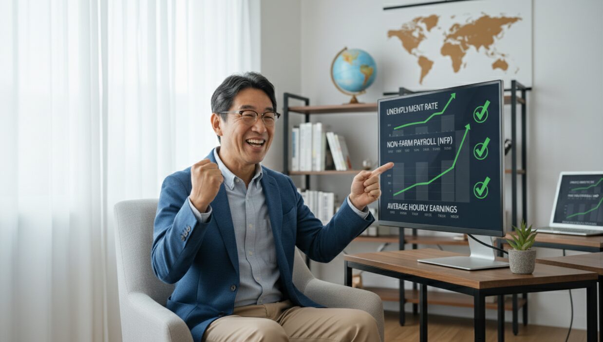 経済指標から株価を予測して的中して喜ぶ男性