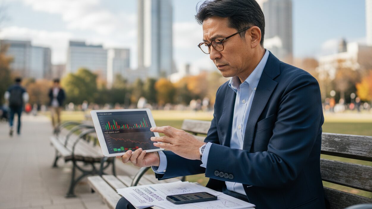 公園でベンチに座り投資戦略を考える男性