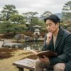 日本庭園で読書をしながら物思いにふける男性