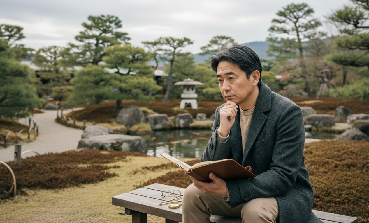 日本庭園で読書をしながら物思いにふける男性